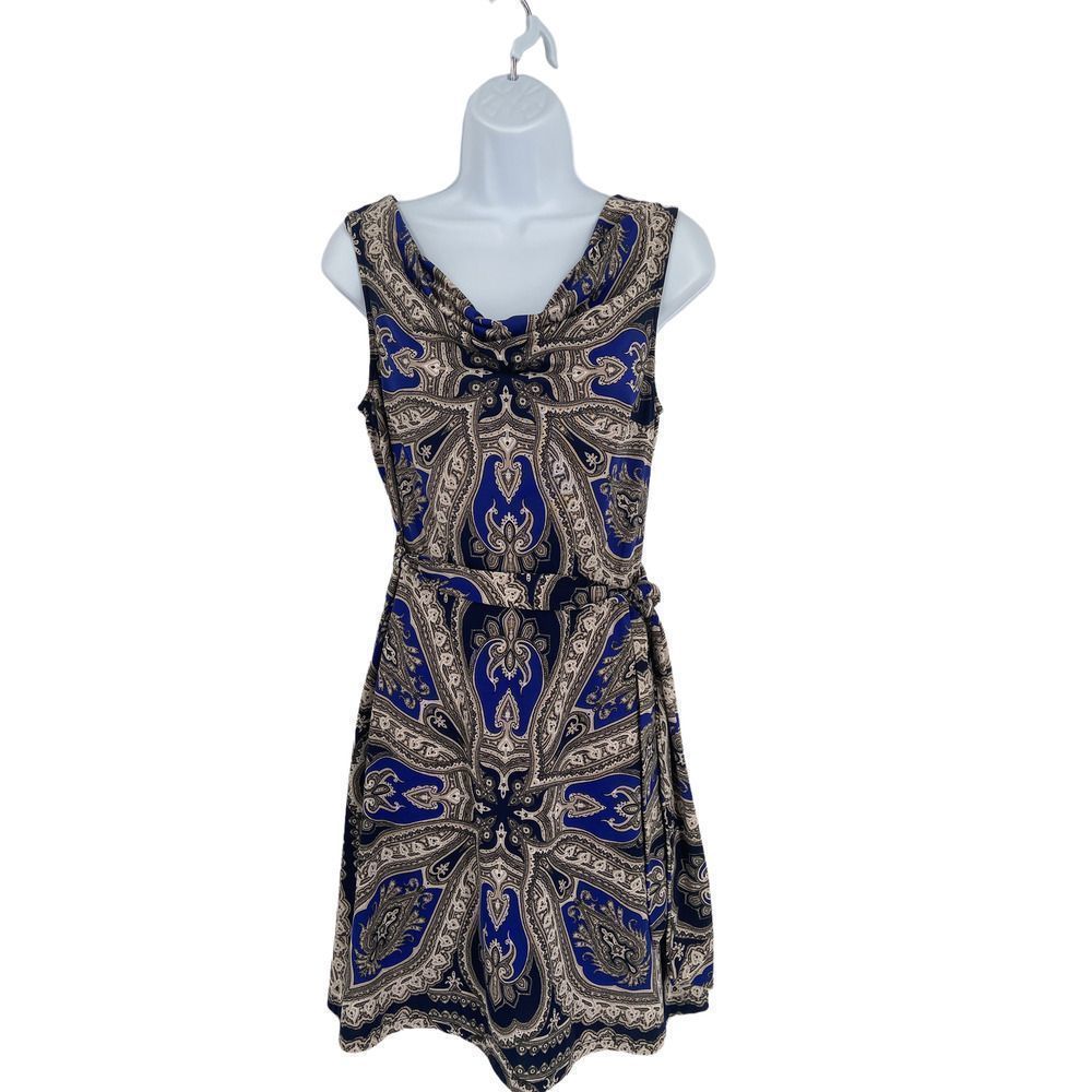 International Concepts Blue/Gray Paisley Print Belted Fit‎ & Flare Dress Small